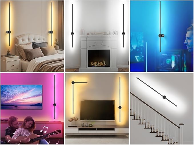 39.4 Inch Battery Operated Wall Sconces Set of Two, 12000mAh Rechargeable Wall Sconce with Remote Control, Dimmable LED Wireless Wall Lights for Bedroom, Living Room, 15 Colors, 180ยฐ Rotate, Black