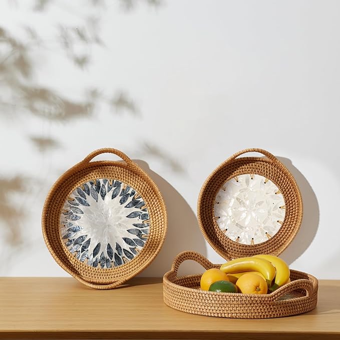 3 Pack Round Rattan Tray, Natural Handwoven Rattan Serving Tray with Mother Pearl Inlay Base, Decorative Boho Coffee Table Trays with Handles, Wicker Organizer for Snacks, Jewelry, Candles, Vanity