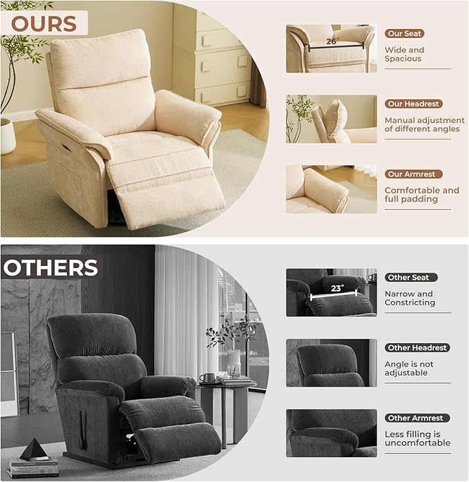 Oversized Power Recliner Chairs for Adults with Massage and Heat, Power Swivel Rocker Recliner Chair with Adjustable Headrest, 26" Extra Wide Rocker Nursery Recliner with USB Port, Beige
