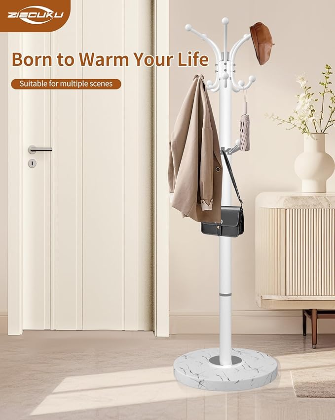 Metal Coat Rack with Natural Marble Base,360°Rotary Coat Rack Stand with 14 Hooks,Modern Freestanging Coat Racks for Entryway,Office,White Coat Jacket Hanger Tree Stand for Coats, Scarves