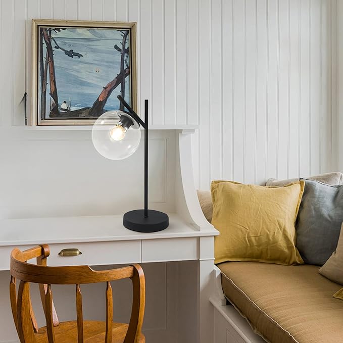 Mid Century Table Lamp Vintage Bedroom Desk Lamp Black Nightstand Lamp Contemporary Clear Glass Globe Bedside Lamp for Office Study Room