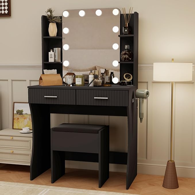 Black Vanity, Small Vanity Desk with Mirror and Lights, Makeup Vanity Desk with 3 Color Modes Adjustable Bulb, 2 Large Drawers and 4 Open Storage Shelves, Vanity with Chair for Bedroom