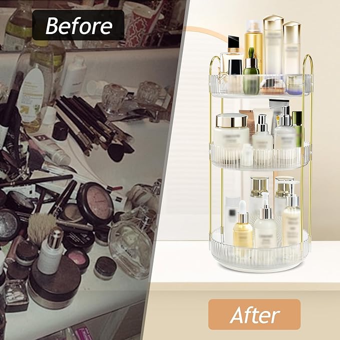 360 Rotating Makeup Organizer for Vanity,3 Tier Large Capacity Skincare Organizers,Bathroom Counter Organizer, transparent Spinning Perfume & Vanity Organizer (White, 3 Tier)