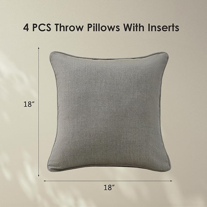 Sunbrella Decorative Outdoor Water Repellent Throw Pillows with Inserts, Set of 4, 18" x18" Pillows for Patio, Backyard, Bed, Couch, and Patio Furniture, Cast Shale