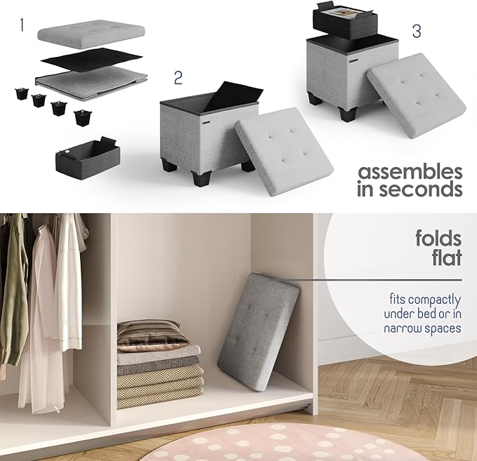 STORAGEBUD Storage Ottoman Cube with Small Bin, 16-in Square Ottoman with Storage for Living Room and Bedroom, Small Ottomans Foot Rest, Fabric Foot Stools Ottomans Max 330lbs, Light Grey