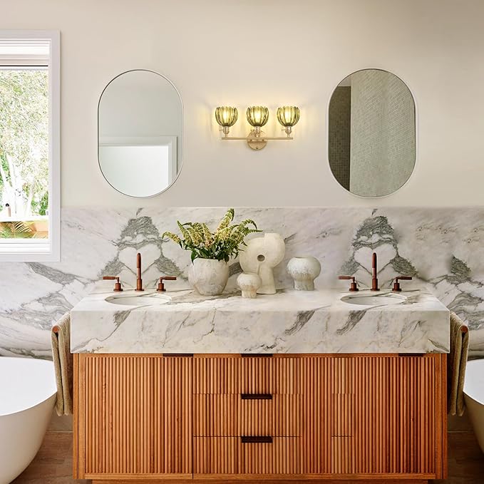 Bathroom Light Fixtures, 3-Light Brass Vanity Wall Light Over Mirror with Green Tulip Glass Shade for Bedroom Living Room