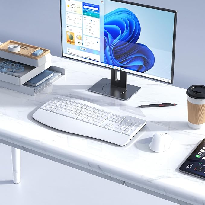 Ergonomic Keyboard and Mouse Combo, Full Size Cordless Computer Keyboard with Palm Wrist Rest Ergonomic Mouse for Windows Computers Laptops - White