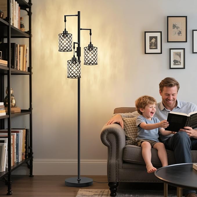 GyroVu Crystal Floor Lamps for Living Room, 3-Light Black Floor Lamp, Standing Tall Lamp with Elegant K9 Crystal Shade & Rotary Switch, Modern Corner Floor Lamp for Bedroom, Home Office, Reading