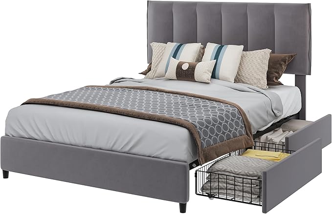 VECELO Full Size Bed Frame with 4 Storage Drawers, Adjustable Height Headboard, Heavy-Duty Platform Bedframe with Strong Wooden Slats, No Box Spring Needed, Dark Grey