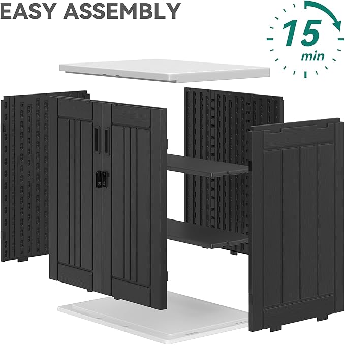 YITAHOME Outdoor Storage Cabinet with 2 Shelves, Waterproof Resin Horizontal Tool Shed, Lockable 15 cu. ft. Storage Shed for Patio, Garden, Yard, Dark Gray