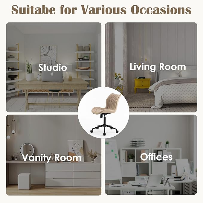 YOUNUOKE Armless Desk Chair Comfy Office Chair with Wheels Home Ergonomic Task Chair Adjustable Computer Chairs Modern Faux Leather Swivel Chair Upholstered Makeup Vanity Chair with Back(Khaki)