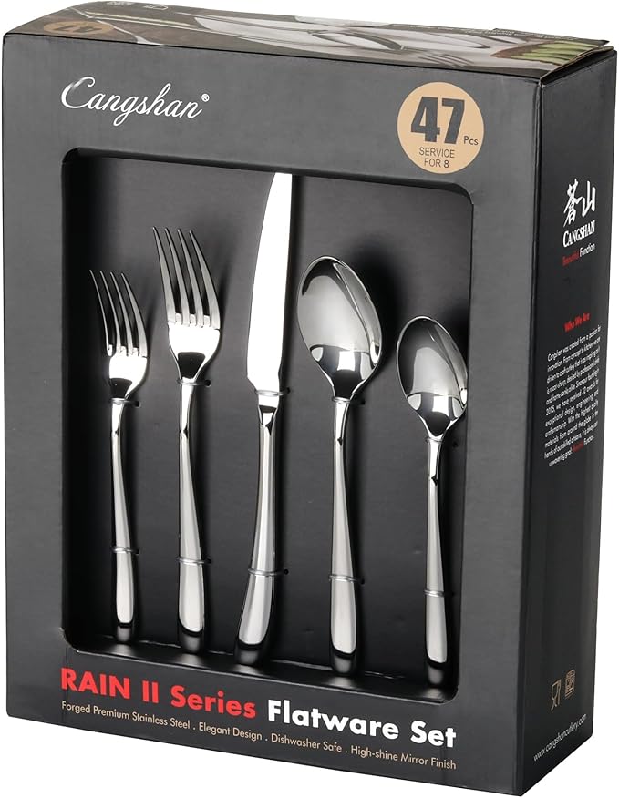 Cangshan RAIN II Flatware Set, Stainless Forged, Window Box, Metallic Finish (47-Piece)