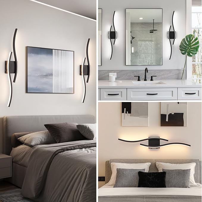 Battery Operated Wall Sconces, Rechargeable Wall Sconces, 3000K-6500K LED Wireless Wall Light, Modern Wall Lamp not Hardwired for Living Room Bedroom Hallway, 31.5in-Black