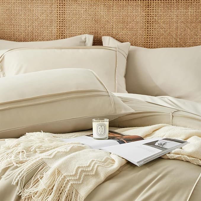 Yogeneg Full Size Comforter Set 7 Piece Bed in a Bag,Grid Pinch Pleat Beige Bedding Set,Striped Textured Soft Microfiber Comforter with Sheet Set,All Season Complete Bed Set(Beige,Full)