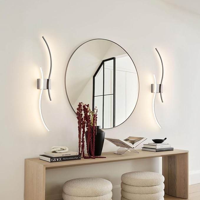 Battery Operated Wall Sconces Set of Two with Remote Control, Stepless Colors 3000K-6000K & Dimming, LED Nickel Wireless Wall Light for Living Room, Hallway, Bedroom, 39.3 Inch (2 Pack)