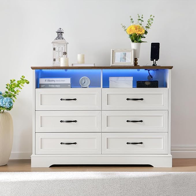Vintage White Dresser for Bedroom,6 Drawers Dresser with LED Light,Power Outlets and Open Shelves,Chests of Drawers for 65 inch TV, for Hallway, Entryway