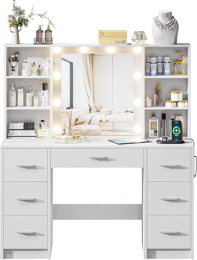 Large Vanity Desk with Mirror and 10 Lights, Makeup Vanity Table with Power Outlet, 7 Drawers and 6 Storage Shelves, Makeup Vanity Desk Dressing Table with 3 Lighting Modes for Bedroom (White)
