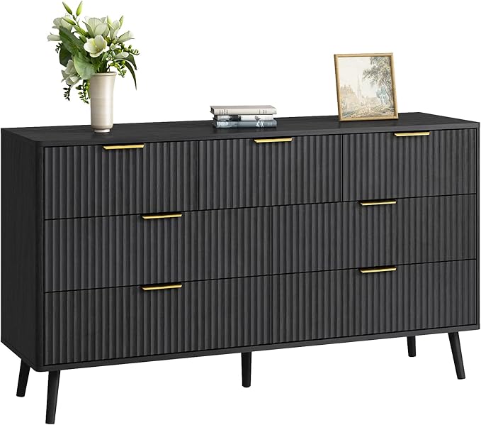 CARPETNAL Fluted 7 Double Drawers Black Dresser for Bedroom, 55”Wide Modern Chest of Drawers with Deep Drawers,Wood Drawer Organizer for Bedroom Living Room, Hallway, Black