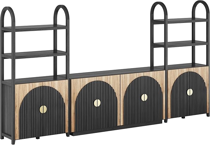 BELLEZE 3-Piece Arched TV Stand Entertainment Center with Storage, Mid Century Modern 2-Piece 72″ Tall Storage Cabinets and 65″ Fluted TV Console for Living Room (Camel)