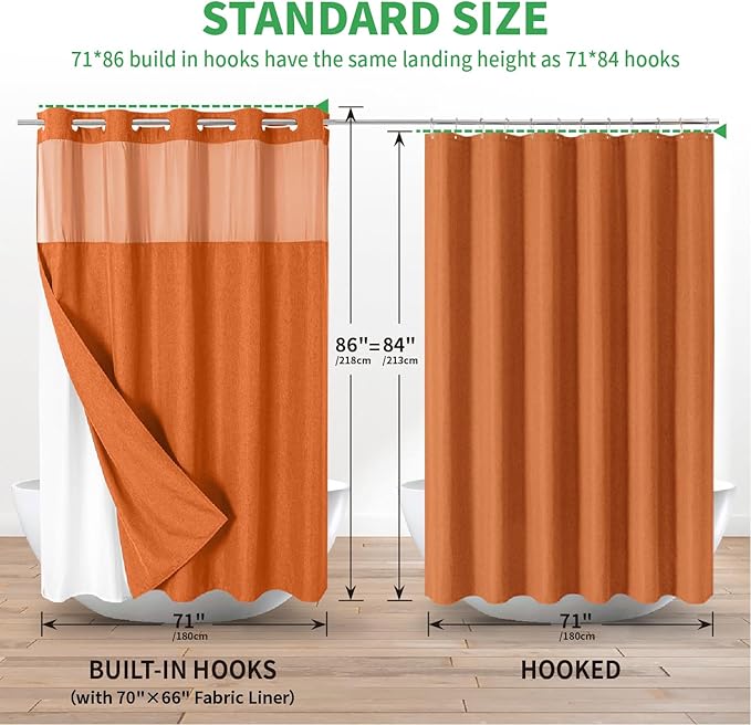 Extra Long No Hooks Needed Linen Textured Shower Curtain with Snap-in Fabric Liner Set,White Hotel Luxury Decor Shower Curtains for Bathroom,Waterproof & Washable,71Wx86H,Burnt Orange