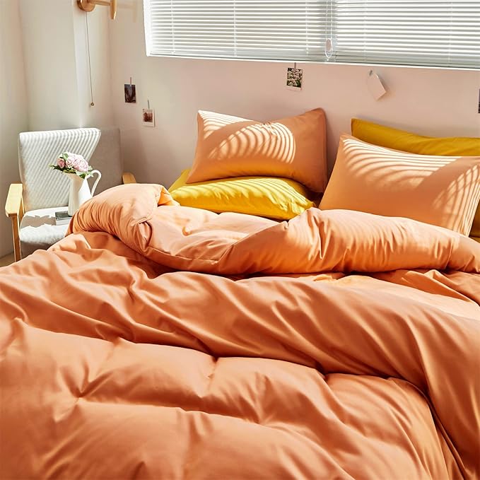Luxlovery Peach Comforter Set California King Light Orange Bedding Comforter Set Modern Solid Plain Color Soft Breathable Blanket Quilts Peach Pink 3 Piece Bedding Set for Women Men Adults