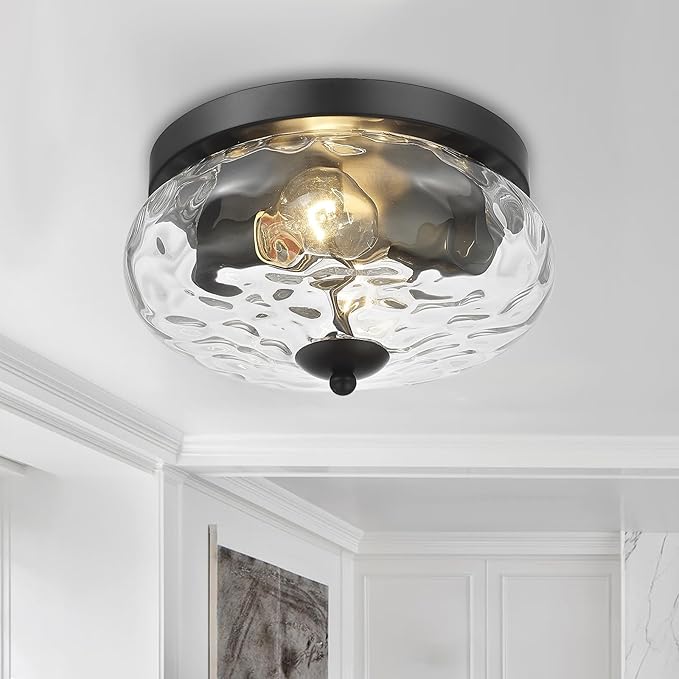 Darkaway Ceiling Light Fixtures Flush Mount Indoor Outdoor Ceiling Light with Water Ripple Glass Shade for Hallway Kitchen Bedroom Porch Living Room Black Finish