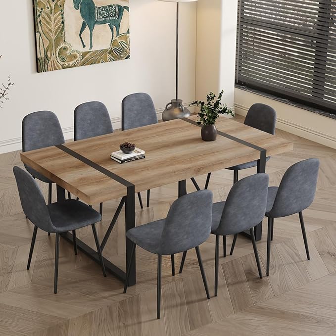 Dining Table Set for 8,9 Piece Dining Table Set,71'' Kitchen Table and Suede Nap Fabic Chairs Set of 8,for Kitchen Dining Room