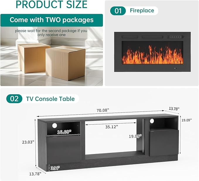 oneinmil 70” TV Stand with 36” Electric Fireplace, Large Modern Media Entertainment Center with Storage Cabinet and 12 Colors LED Lights for TVs Up to 80", Black TV Stand and Black Fireplace