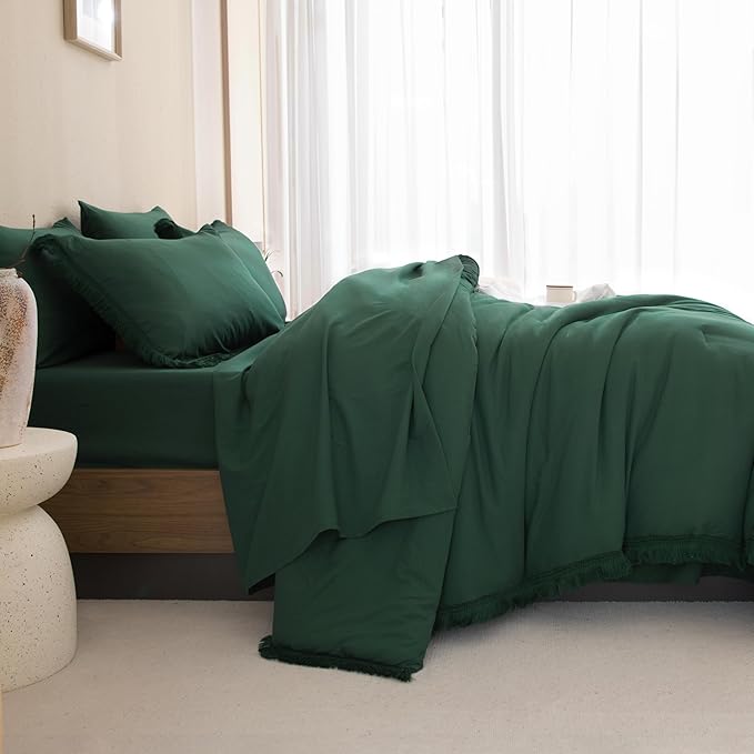 Andency King Size Comforter Set with Sheets Dark Emerald Green -7 Pieces Bed in a Bag Boho Tassel Bedding Sets, All Season Fringe Bed Set with Comforter, Sheets, Pillowcases & Shams