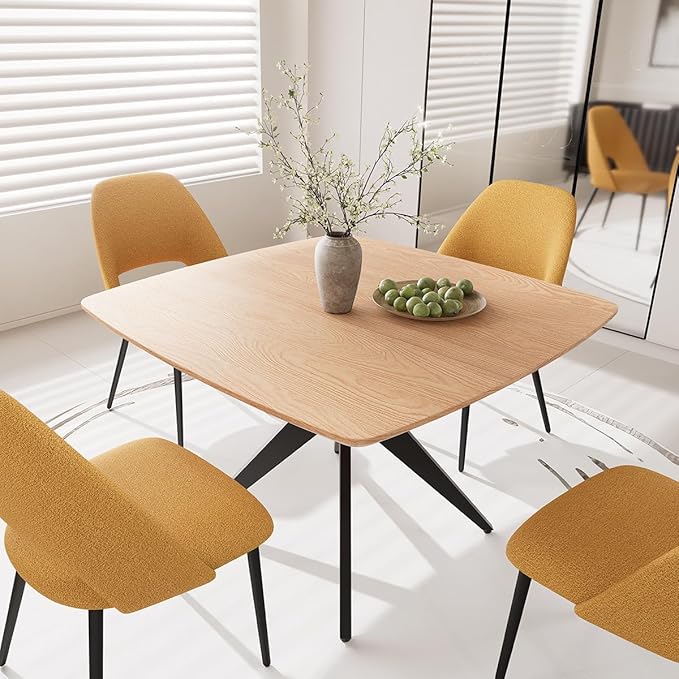 Kidol & Shellder 45.2" Square Dining Table Set for 2-4 People Modern MDF Wooden Dining Room Table with X-Shaped Metal Base Kitchen Table(Natural Table+4pcs Yellow Chairs)