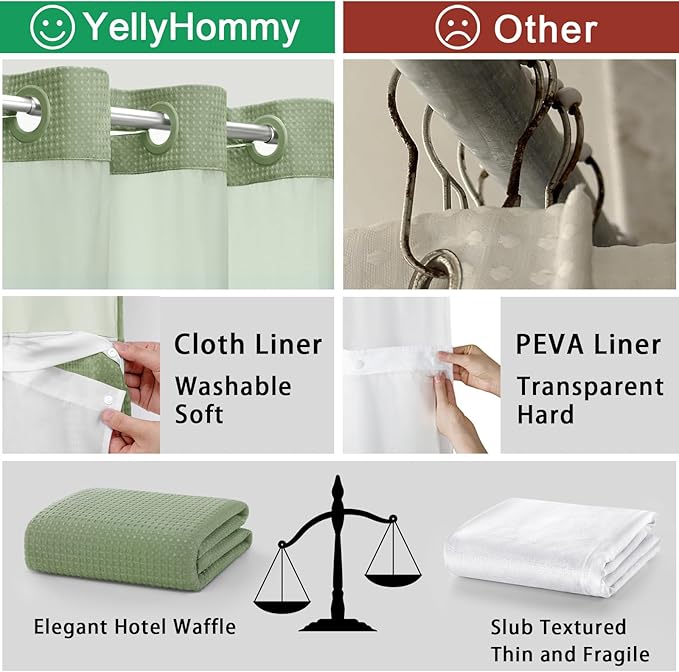YellyHommy No Hook Shower Curtain with Snap in Liner Set Less Time White Waffle Shower Curtain for Bathroom 72" W x 81" L