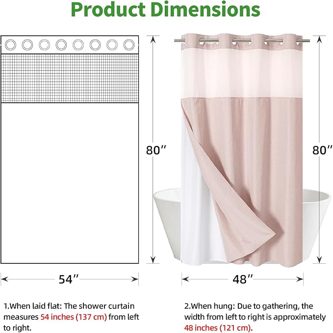 Stall No Hooks Needed Linen Textured Shower Curtain with Snap-in Fabric Liner Set,Hotel Luxury Decor Farmhouse Shower Curtains for Bathroom,Waterproof & Washable,54Wx80H,Blush