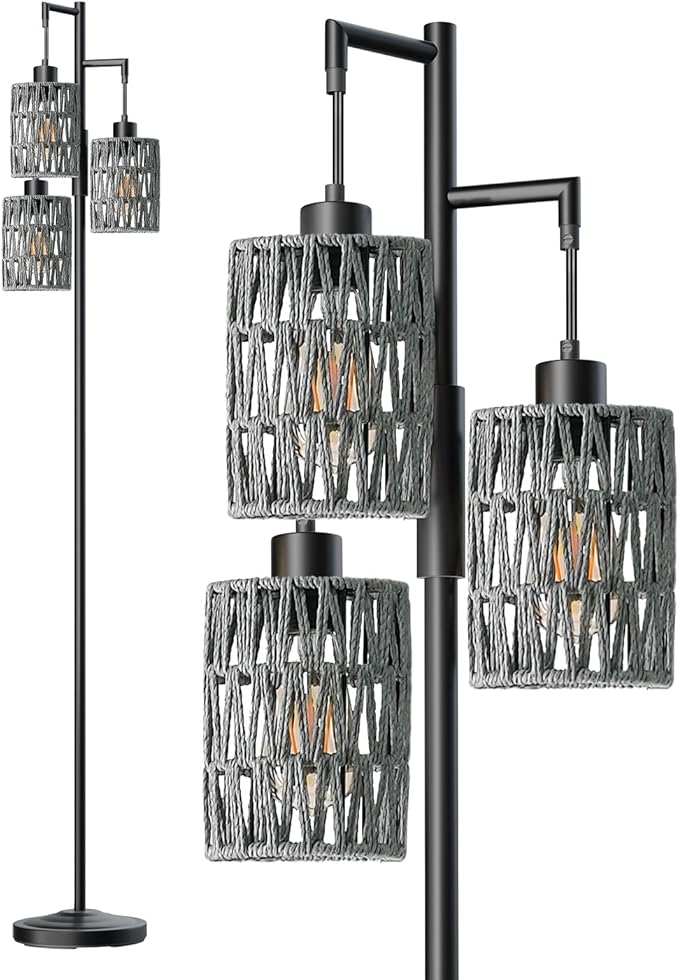 Oneach 70" Floor Lamps for Living Room, Stepless Dimmable Boho Floor Lamp with 3 Bulbs, Tall Farmhouse Industrial Corner Standing Tree Lamp for Bedroom, Office, Study Room, Black with Grey Shades