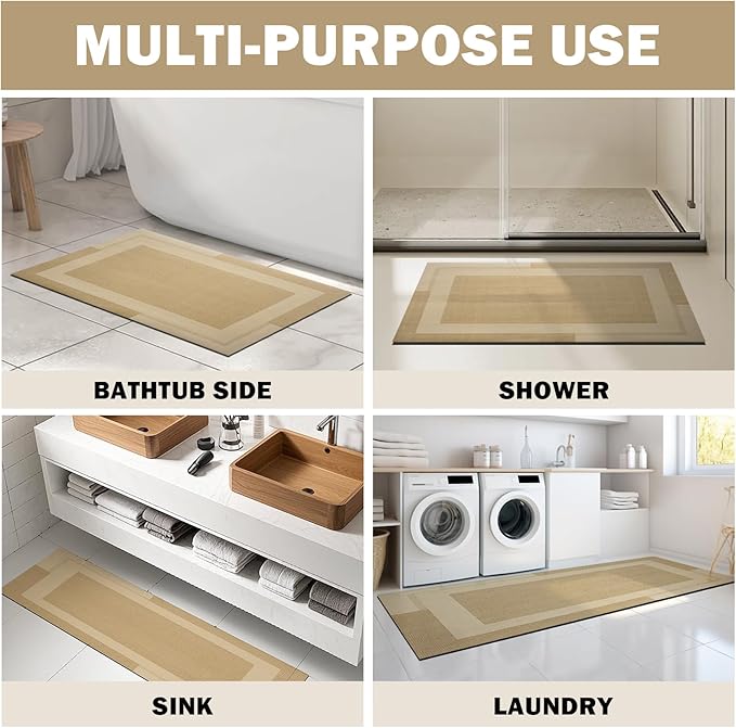 Non Slip Long Bath Mat Bathroom Runner, Rubber Backing Ultra Thin Bathroom Rugs Fit Under Door Quick Dry Super Absorbent Washable Bath Rug Shower Mat for Bathtub Sink Floor, Brown 24"x48"