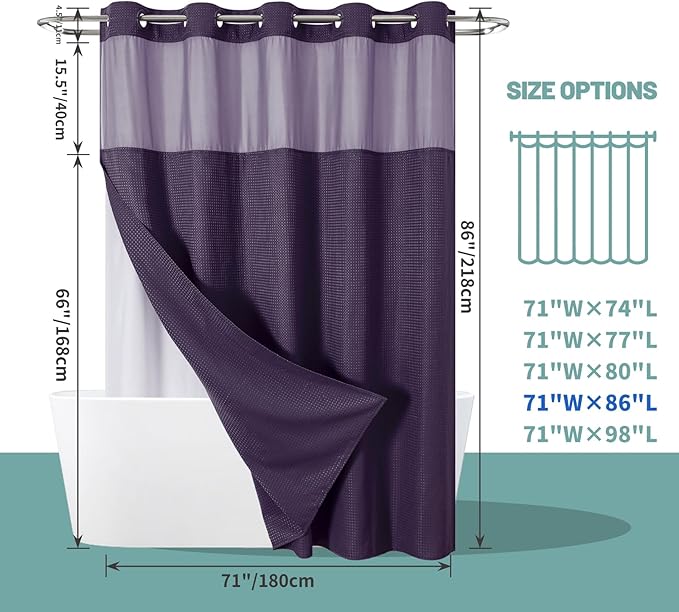 Purple Extra Long No Hook Waffle Weave Shower Curtain with snap-in Liner Replacement, 230GSM Waterproof Fabric Hotel Shower Curtain Set for Bathroom, Through Mesh Top Window,71Wx86H