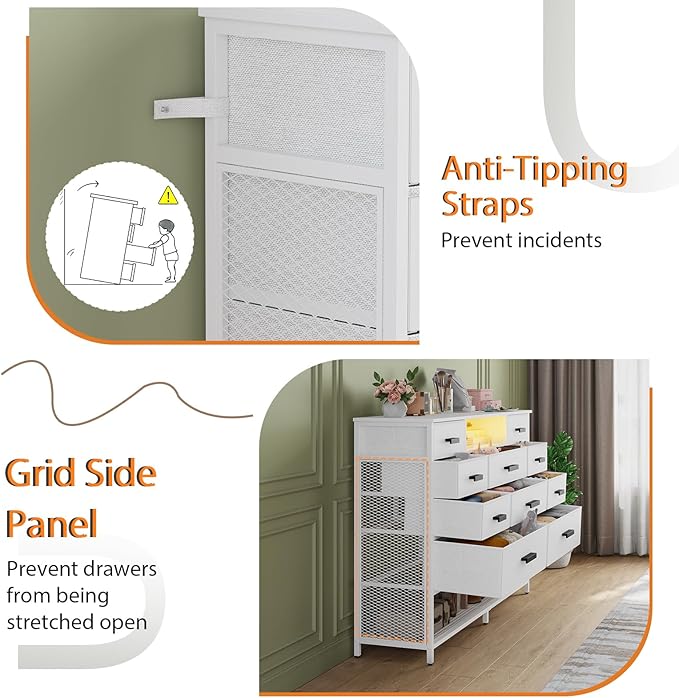 White Dresser for Bedroom, Fabric Chest of Drawers with Charging Station and LED Light, TV Stand Dresser with Shelves for 55" TV, 10 Drawers Dressers with PU Finish for Living Room, Closet