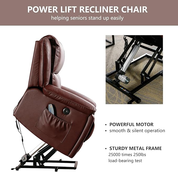 Phoenix Home Genuine Leather Power Lift Recliner Chair with Massage and Heat for Elderly, Electric Reclining Chair with USB Port, Cup Holders, Side Pockets for Living Room Bedroom, Red Brown