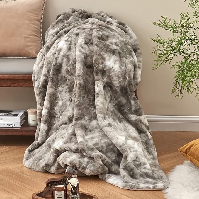 Krifey Faux Fur Throw Blanket, Super Soft Cozy Blanket, Luxury Fluffy Blanket Warm Bed Throw, Plush Christmas Birthday Gifts for Women, Room Home Dorm Decor, Marbled Gray 50" x 60"