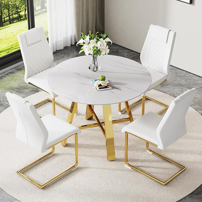 Round Dining Table Set for 4, Modern Kitchen Dining Table Chairs Set for 4, 42" Faux Marble Dining Room Table Set & 4 PU Leather Chairs for Kitchen Living Office Cafe Small Space