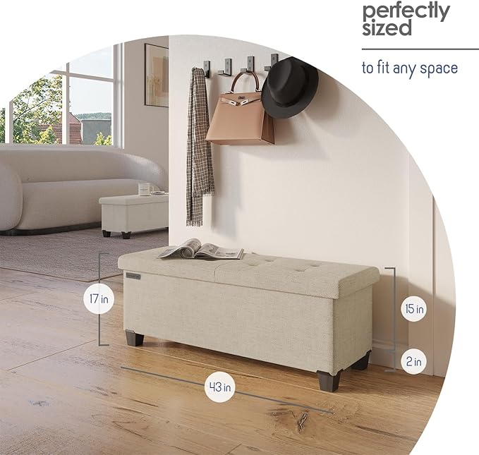 STORAGEBUD Storage Ottoman Bench with Bins, 43-in Storage Bench for Bedroom End of Bed, Folding Foot Rest Ottoman for Living Room Max 660lbs, Fabric Ottomans, Beige
