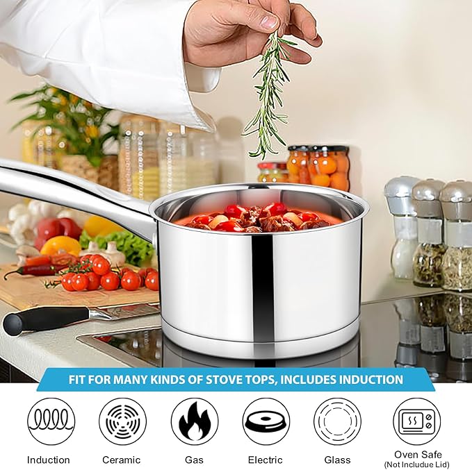 TeamFar 1 qt Saucepan, Stainless Steel Small Sauce Pan & Lid with Tri-ply Bottom for Cooking/Boiling/Stewing, For Induction/Gas/Electric, Non-Toxic & Heavy Duty, Straight Side & Dishwasher Safe