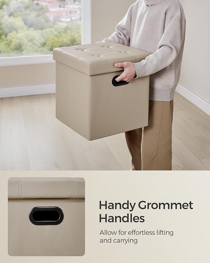 SONGMICS Mazie Collection - 15 Inches Ottoman with Storage, Footstool, Storage Ottoman with Metal Handles, Load 660 lb, for Dorm, Living Room, Bedroom, Synthetic Leather, Camel Brown ULSF030K03