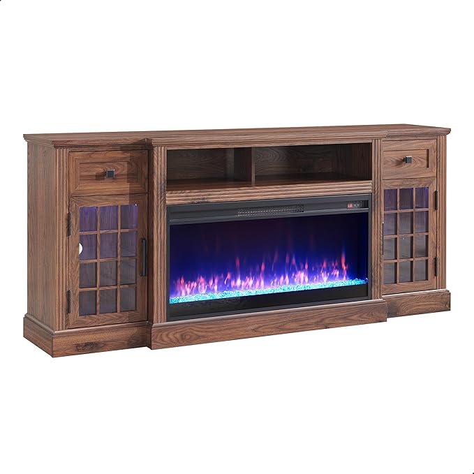 JXQTLINGMU Fireplace TV Stand for 80 Inch TV, Farmhouse Highboy Entertainment Center w/LED Lights & 36" Electric Fireplace, Large Media Console w/Glass Door Cabinet & Storage Drawer, Brown