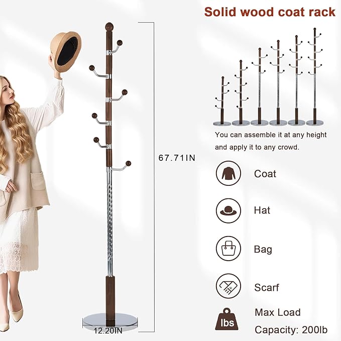 Coat Racks Freestanding, Natural Wood Coat Stands with 6 Hooks, 68" Heavy Duty Adjustable Height Vintage Hall Tree for Entryway, Bedroom, Office, Easy Assembly (Walnut Metal Hook)