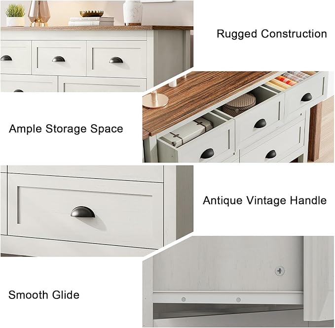Wananlanen® Farmhouse Dresser for Bedroom, Antique Double Dresser & Chest of Drawer with Vintage Handle and Storage, Wooden Tall Rustic Organizer for Bedroom (Antique White, 7 Drawer)