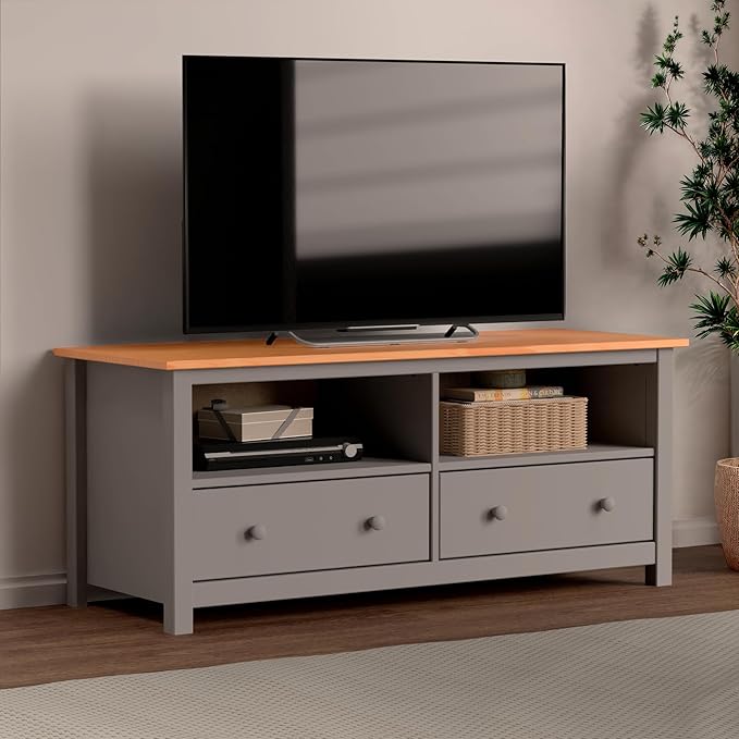 Handcrafted Solid Oak TV Stand Entertainment Center - Elegant Gray/Pine Media Console with Spacious Storage Drawers & Open Shelves - Sturdy Wood Cabinet Fits TVs up to 55 Inches