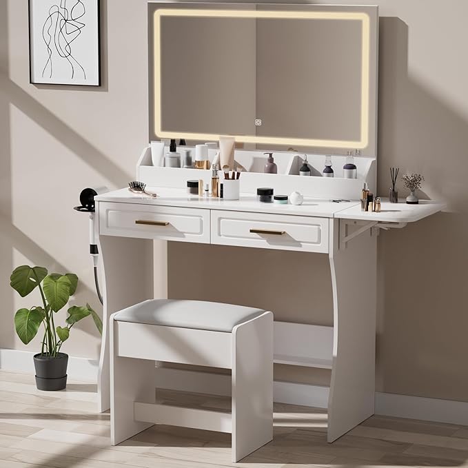 Modern White Makeup Vanity Desk with Adjustable Lights, Mirror, and Storage - Complete Vanity Set with Drawers, Shelves, and Stool