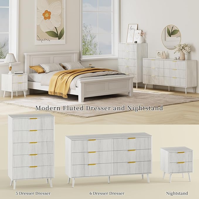 LYNSOM Fluted 5 Drawers Dresser, 45" Tall Modern Chest of Drawers with Curved Profile Design and Metal Handle, Wood Drawer Organizer for Bedroom, Living Room, Hallway, Entryway, White