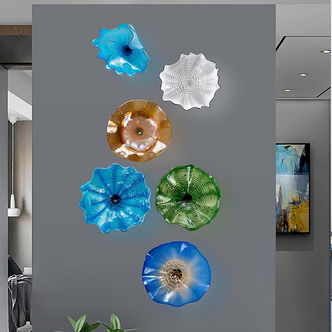 Hand Blown Glass Wall Plates Decor, Modern Unique Glass Wall Art, Murano Blown Glass Wall Art with Transparent and Easy to Clean for Staircase, Living Room, Kitchen, Hallway