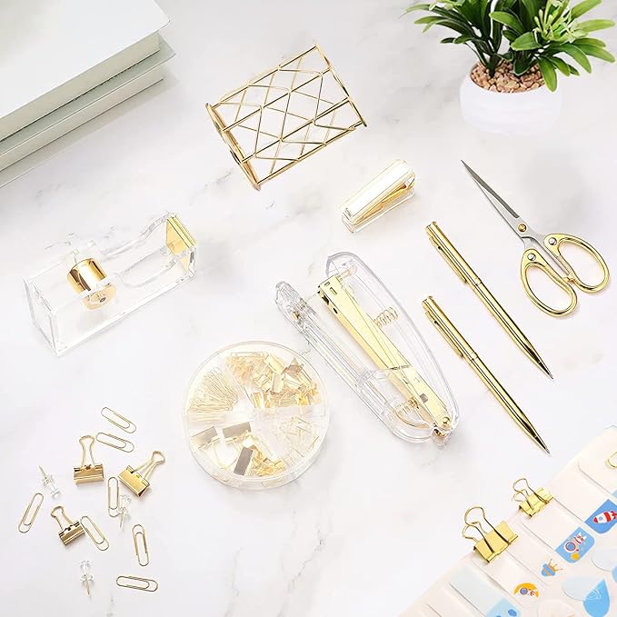 Famassi Gold Desk Accessories,Office Supplies Set Acrylic Stapler Set Staple Remover, Tape/Pen Holder, 2 Ballpoint Pen, Scissor, Binder/Paper Clips and 1000pcs Staples.